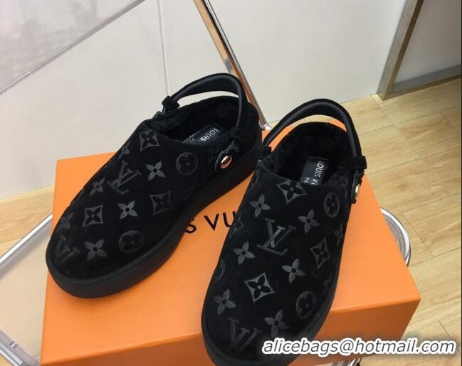 Purchase Louis Vuitton Lous Open Back Mules in Monogram Suede and Wool Black 121028