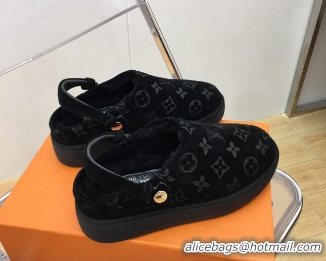 Purchase Louis Vuitton Lous Open Back Mules in Monogram Suede and Wool Black 121028