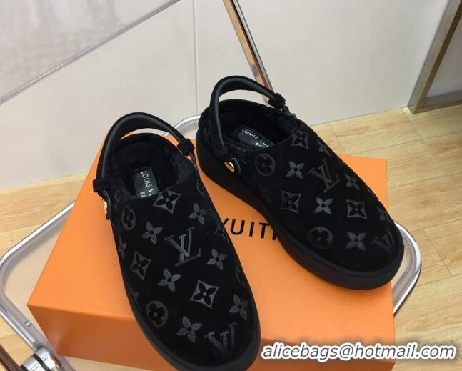 Purchase Louis Vuitton Lous Open Back Mules in Monogram Suede and Wool Black 121028