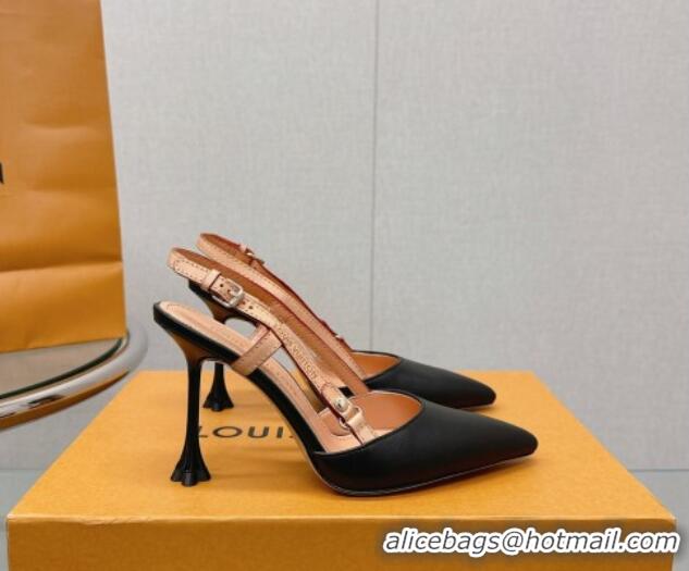 Grade Quality Louis Vuitton Blossom Slingback Pumps 9.5cm in Black Lambskin 121037