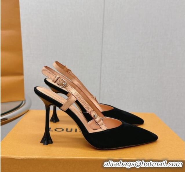 Good Product Louis Vuitton Blossom Slingback Pumps 9.5cm in Black Suede 121042