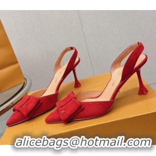 Feminine Louis Vuitton Blossom Slingback Pumps 7.5cm in Suede with Bow Red 121044