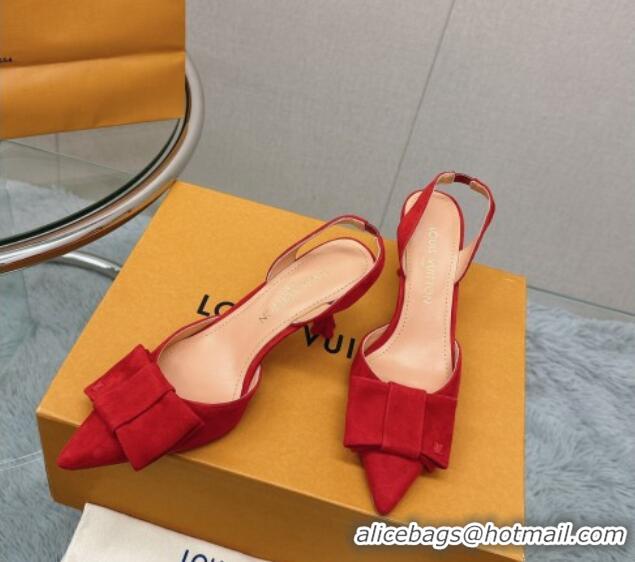 Feminine Louis Vuitton Blossom Slingback Pumps 7.5cm in Suede with Bow Red 121044