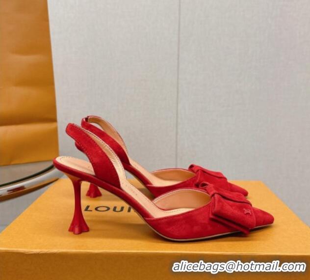 Feminine Louis Vuitton Blossom Slingback Pumps 7.5cm in Suede with Bow Red 121044