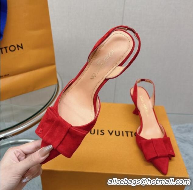 Feminine Louis Vuitton Blossom Slingback Pumps 7.5cm in Suede with Bow Red 121044