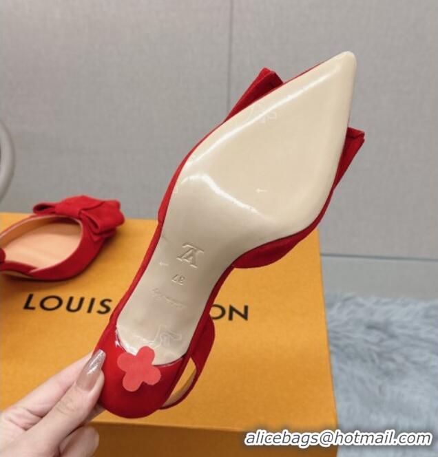 Feminine Louis Vuitton Blossom Slingback Pumps 7.5cm in Suede with Bow Red 121044