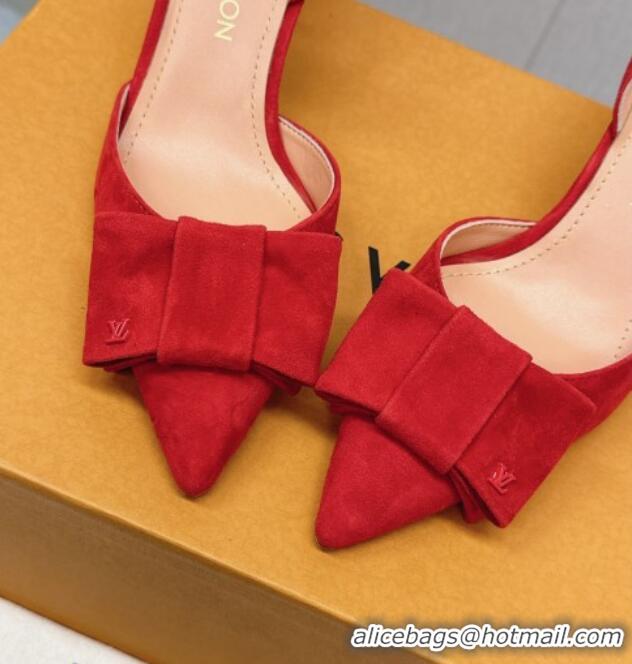 Feminine Louis Vuitton Blossom Slingback Pumps 7.5cm in Suede with Bow Red 121044