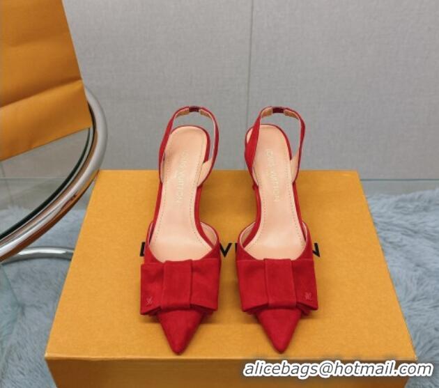 Feminine Louis Vuitton Blossom Slingback Pumps 7.5cm in Suede with Bow Red 121044