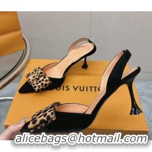 Buy Luxury Louis Vuitton Blossom Slingback Pumps 7.5cm in Suede with Bow Black/Leopard Print 121046