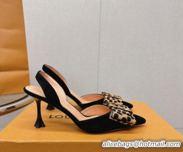 Buy Luxury Louis Vuitton Blossom Slingback Pumps 7.5cm in Suede with Bow Black/Leopard Print 121046