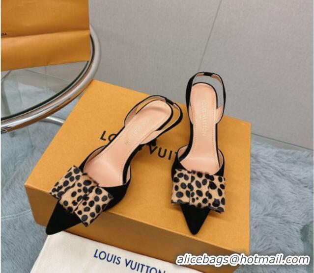 Buy Luxury Louis Vuitton Blossom Slingback Pumps 7.5cm in Suede with Bow Black/Leopard Print 121046