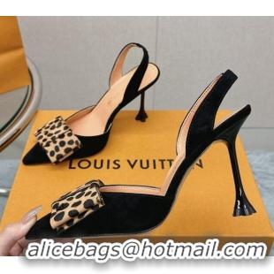 Hot Style Louis Vuitton Blossom Slingback Pumps 9.5cm in Suede with Bow Black/leopard print 121049