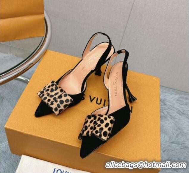 Hot Style Louis Vuitton Blossom Slingback Pumps 9.5cm in Suede with Bow Black/leopard print 121049