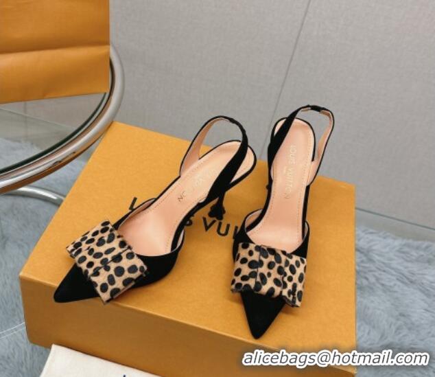 Hot Style Louis Vuitton Blossom Slingback Pumps 9.5cm in Suede with Bow Black/leopard print 121049