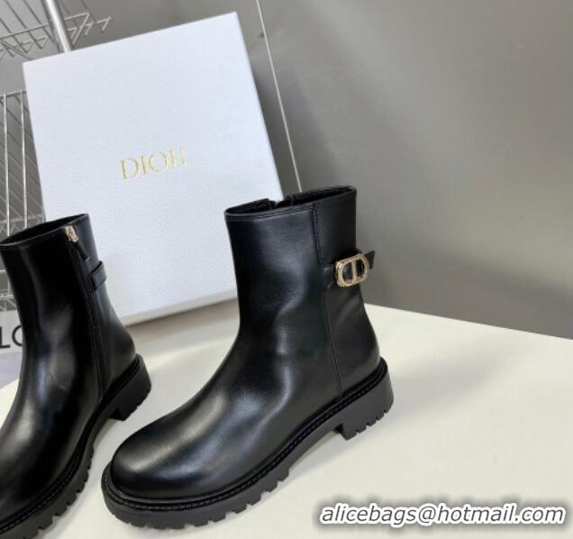 Best Grade Dior 30 Montaigne Calfskin Ankle Boots with CD Strap Black 011082