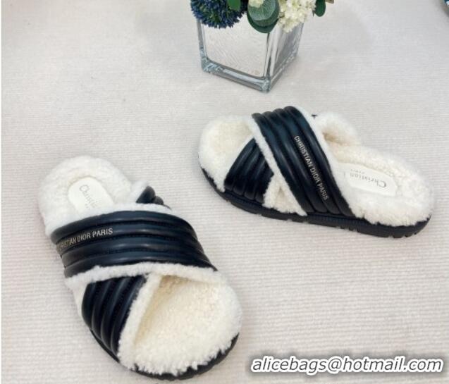 Top Grade Dior D-Cross Slide Sandals in Black Lambskin and White Shearling 016033