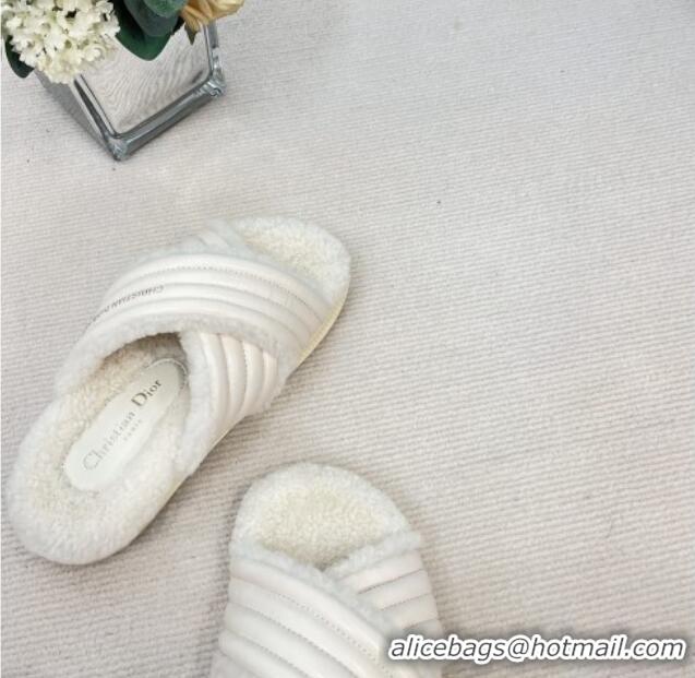 Good Quality Dior D-Cross Slide Sandals in Lambskin and White Shearling White 016034