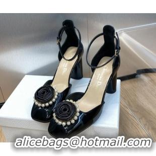 Top Design Dior Rose Open Pumps 8.5cm in Patent Calfskin and Pearls Bloom Black 016035