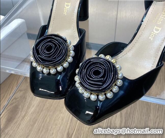 Top Design Dior Rose Open Pumps 8.5cm in Patent Calfskin and Pearls Bloom Black 016035