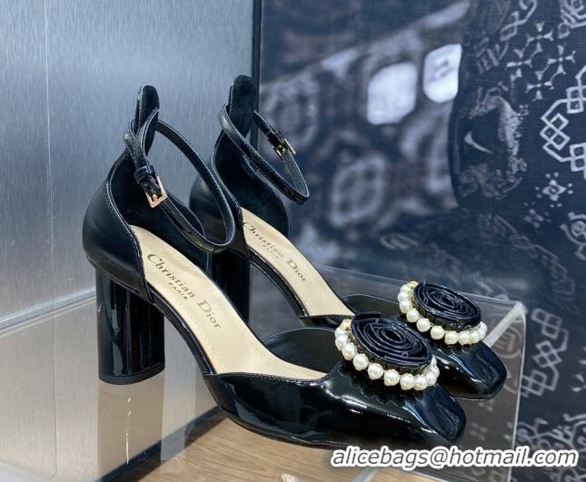 Top Design Dior Rose Open Pumps 8.5cm in Patent Calfskin and Pearls Bloom Black 016035