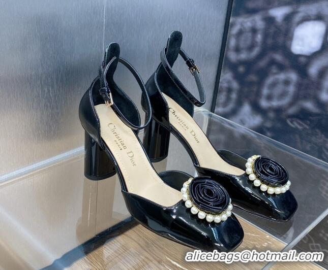 Top Design Dior Rose Open Pumps 8.5cm in Patent Calfskin and Pearls Bloom Black 016035