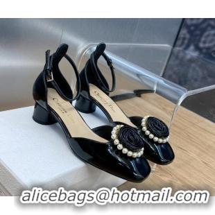 Good Looking Dior Rose Open Pumps 3.5cm in Patent Calfskin and Pearls Bloom Black 016036