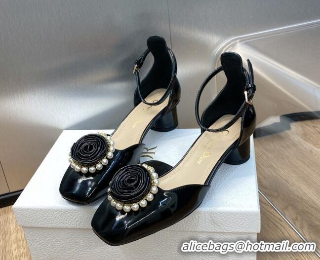 Good Looking Dior Rose Open Pumps 3.5cm in Patent Calfskin and Pearls Bloom Black 016036