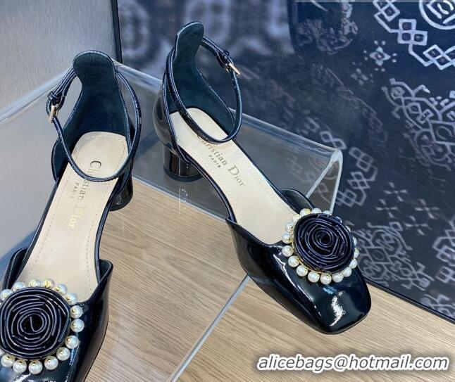 Good Looking Dior Rose Open Pumps 3.5cm in Patent Calfskin and Pearls Bloom Black 016036