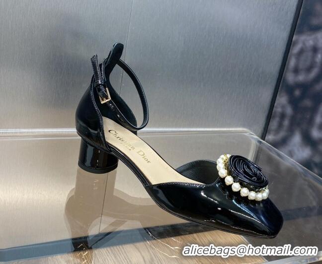 Good Looking Dior Rose Open Pumps 3.5cm in Patent Calfskin and Pearls Bloom Black 016036