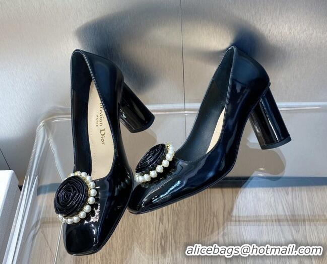 Most Popular Dior Rose Pumps 8.5cm in Patent Calfskin and Pearls Bloom Black 016037