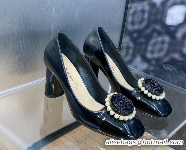 Most Popular Dior Rose Pumps 8.5cm in Patent Calfskin and Pearls Bloom Black 016037