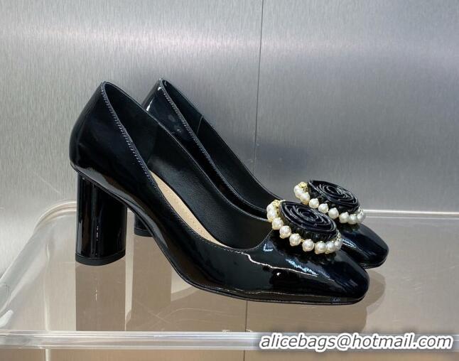 Most Popular Dior Rose Pumps 8.5cm in Patent Calfskin and Pearls Bloom Black 016037