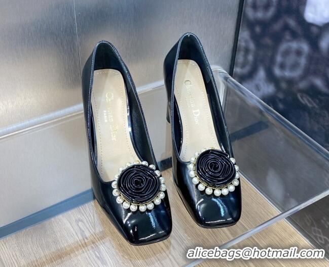 Most Popular Dior Rose Pumps 8.5cm in Patent Calfskin and Pearls Bloom Black 016037