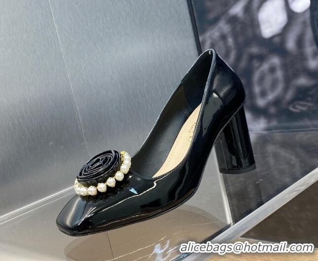 Most Popular Dior Rose Pumps 8.5cm in Patent Calfskin and Pearls Bloom Black 016037