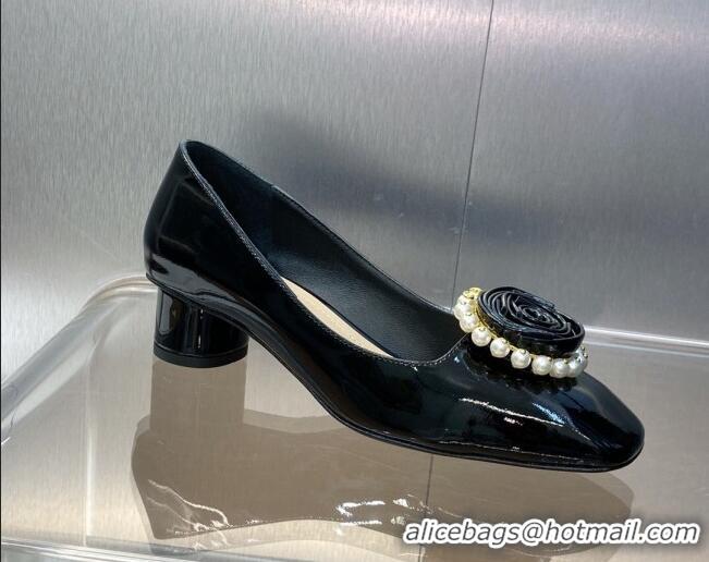 Grade Quality Dior Rose Pumps 3.5cm in Patent Calfskin and Pearls Bloom Black 016038