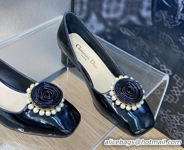 Grade Quality Dior Rose Pumps 3.5cm in Patent Calfskin and Pearls Bloom Black 016038