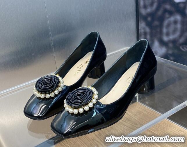 Grade Quality Dior Rose Pumps 3.5cm in Patent Calfskin and Pearls Bloom Black 016038