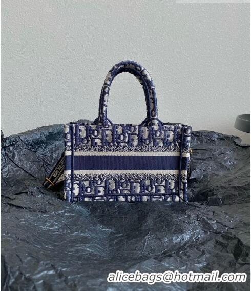 Good Quality Dior Mini Book Tote Bag in Beige and Blue Dior Oblique Embroidery with Strap CD5010