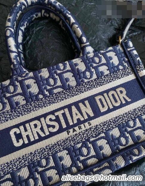 Good Quality Dior Mini Book Tote Bag in Beige and Blue Dior Oblique Embroidery with Strap CD5010