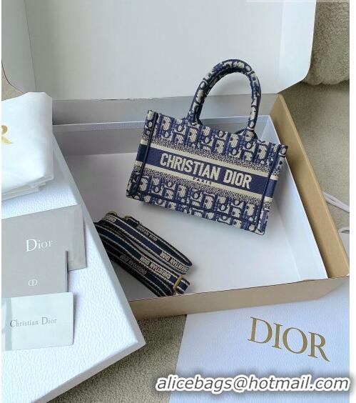 Good Quality Dior Mini Book Tote Bag in Beige and Blue Dior Oblique Embroidery with Strap CD5010