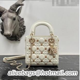 Super Quality Dior Mini Lady Dior Bag in White Cannage Lambskin with Gold-Finish Butterfly Studs M0505