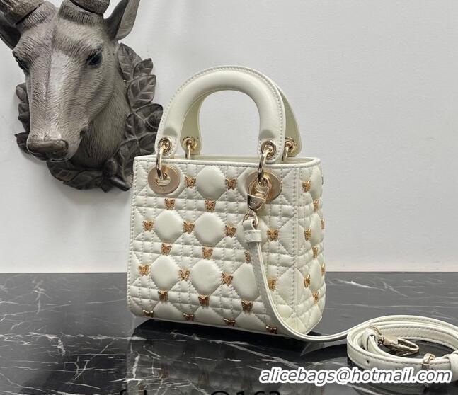 Super Quality Dior Mini Lady Dior Bag in White Cannage Lambskin with Gold-Finish Butterfly Studs M0505