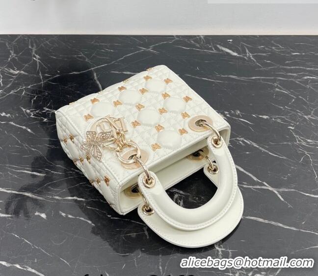 Super Quality Dior Mini Lady Dior Bag in White Cannage Lambskin with Gold-Finish Butterfly Studs M0505