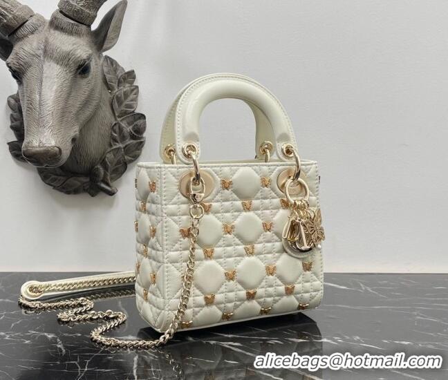 Super Quality Dior Mini Lady Dior Bag in White Cannage Lambskin with Gold-Finish Butterfly Studs M0505