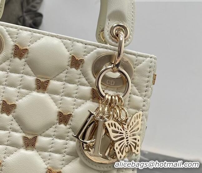 Super Quality Dior Mini Lady Dior Bag in White Cannage Lambskin with Gold-Finish Butterfly Studs M0505