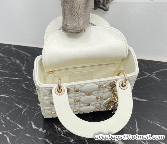 Super Quality Dior Mini Lady Dior Bag in White Cannage Lambskin with Gold-Finish Butterfly Studs M0505