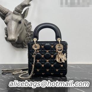 Low Cost Dior Mini Lady Dior Bag in Black Cannage Lambskin with Gold-Finish Butterfly Studs M0505