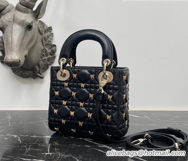 Low Cost Dior Mini Lady Dior Bag in Black Cannage Lambskin with Gold-Finish Butterfly Studs M0505