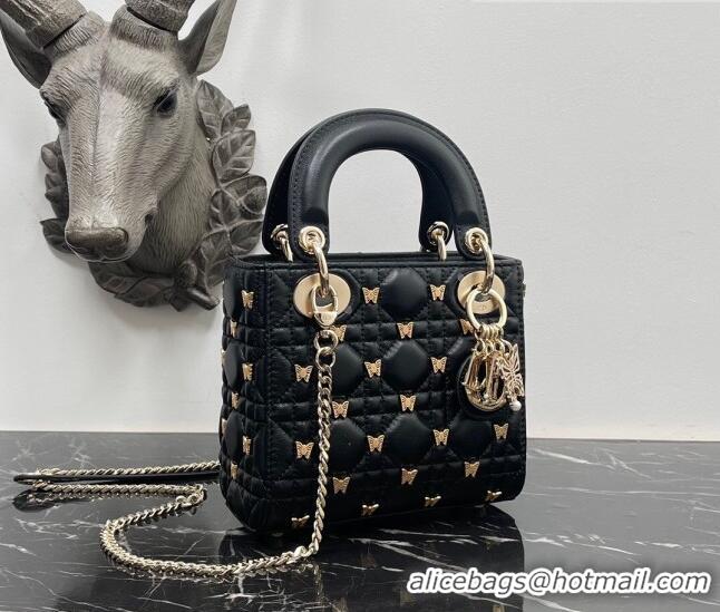 Low Cost Dior Mini Lady Dior Bag in Black Cannage Lambskin with Gold-Finish Butterfly Studs M0505