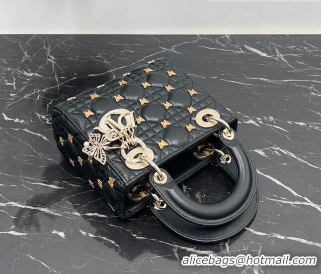 Low Cost Dior Mini Lady Dior Bag in Black Cannage Lambskin with Gold-Finish Butterfly Studs M0505